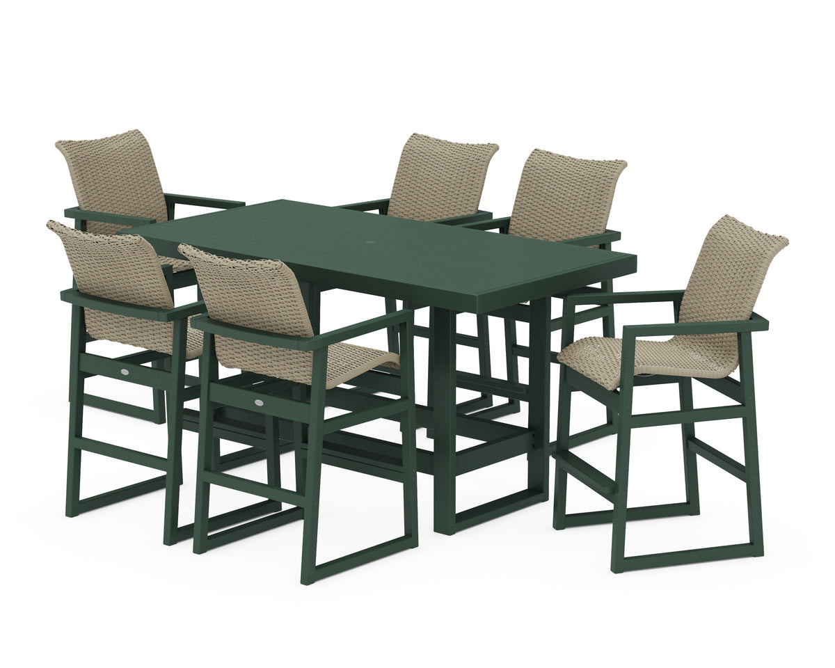 POLYWOOD EDGE Woven Arm Chair 7-Piece Bar Set in Green / Dune Grass