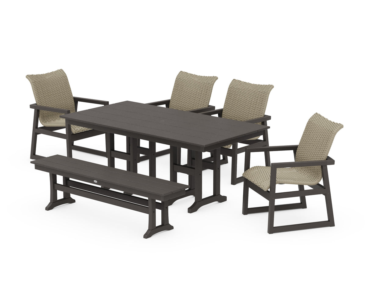 POLYWOOD EDGE Woven 6-Piece Farmhouse Dining Set with Bench in Vintage Coffee / Dune Grass