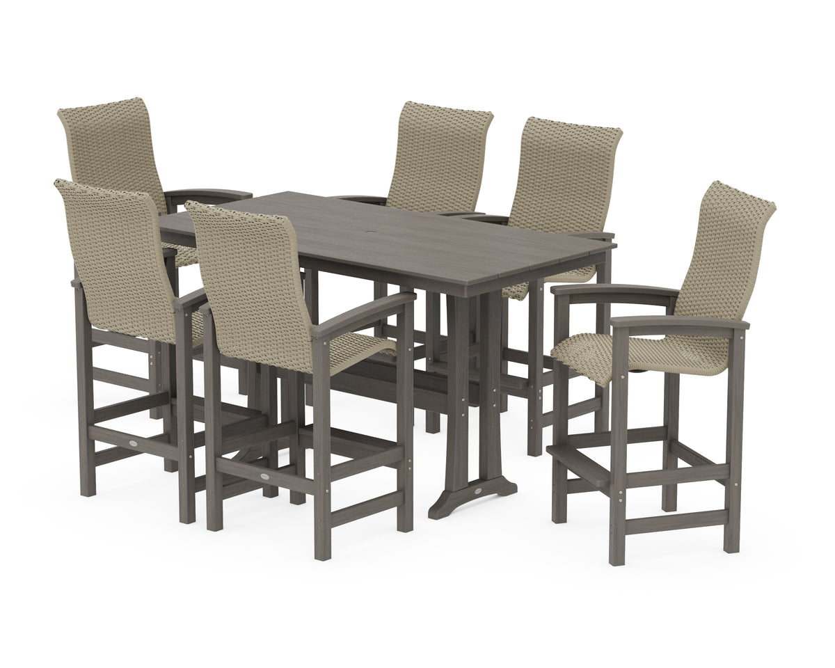 POLYWOOD Coastal Woven High-Back Arm Chair 7-Piece Farmhouse Bar Set with Trestle Legs in Driftwood / Dune Grass