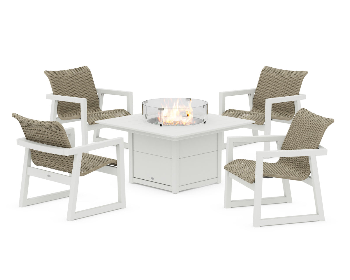 POLYWOOD EDGE Woven 5-Piece Lounge Chair Seating Set with Fire Pit Table in White / Dune Grass