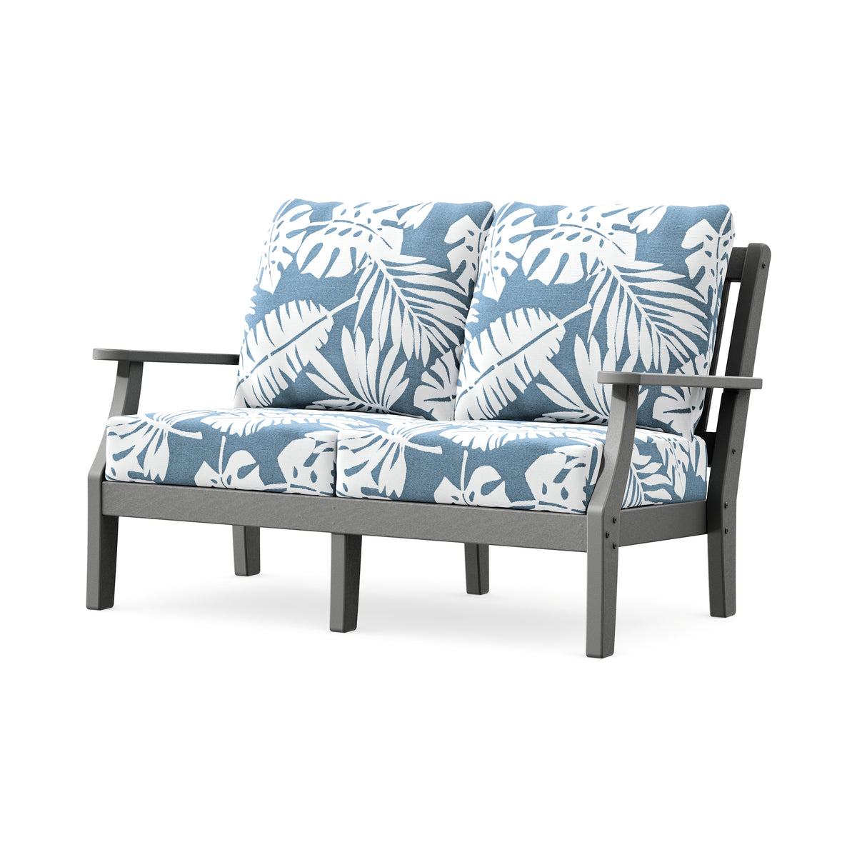 POLYWOOD Chinoiserie Deep Seating Loveseat in Slate Grey / Leaf Sky Blue