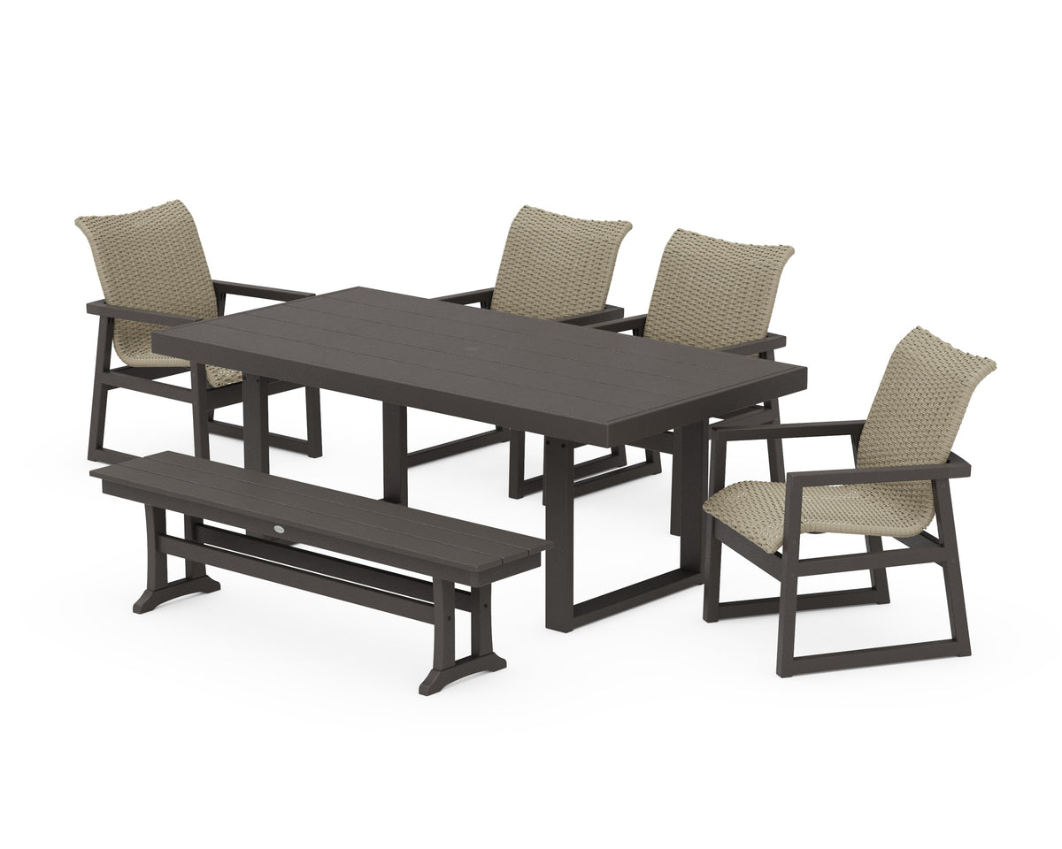 POLYWOOD EDGE Woven 6-Piece Dining Set with Bench in Vintage Coffee / Dune Grass