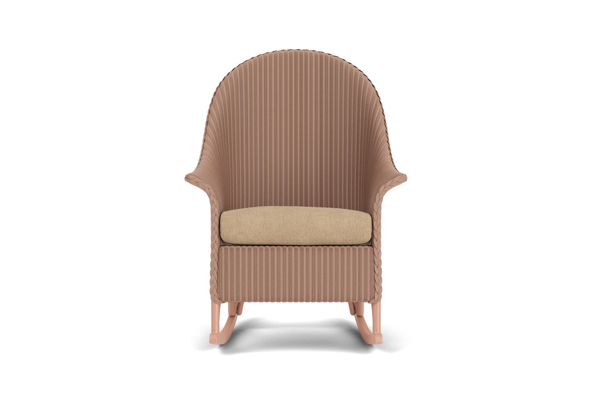 Lloyd Flanders Lloyd Loom High Back Porch Rocker – 1x1 Weave in Rosewood with Hayden Sand fabric