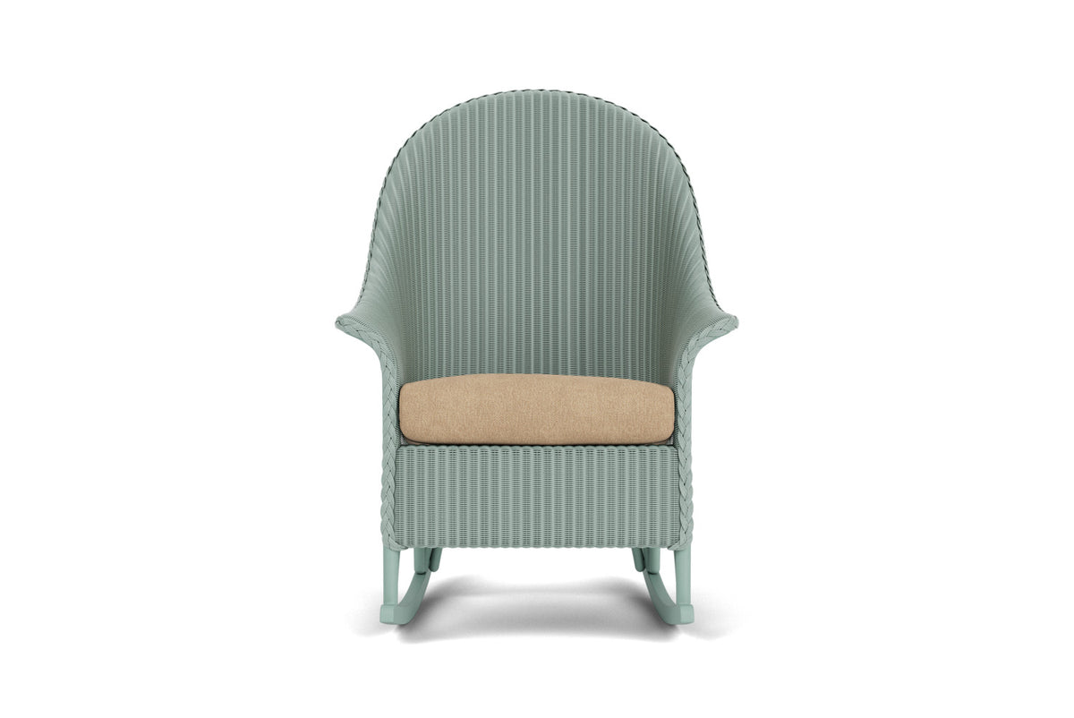 Lloyd Flanders Lloyd Loom High Back Porch Rocker – 1x1 Weave in Sea Glass with Hayden Sand fabric