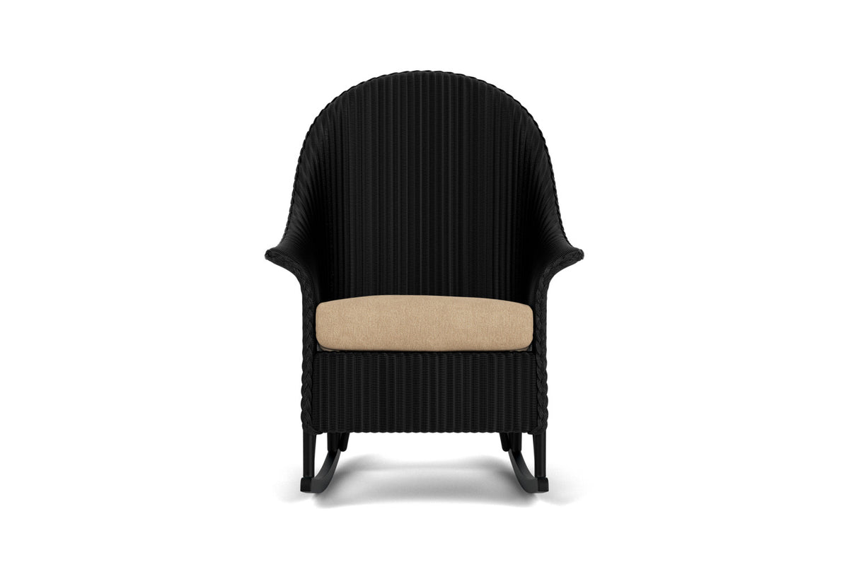 Lloyd Flanders Lloyd Loom High Back Porch Rocker – 1x1 Weave in Ebony with Hayden Sand fabric
