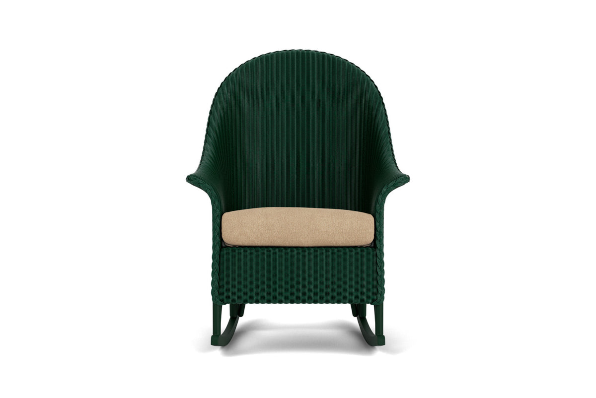 Lloyd Flanders Lloyd Loom High Back Porch Rocker – 1x1 Weave in Woodland with Hayden Sand fabric