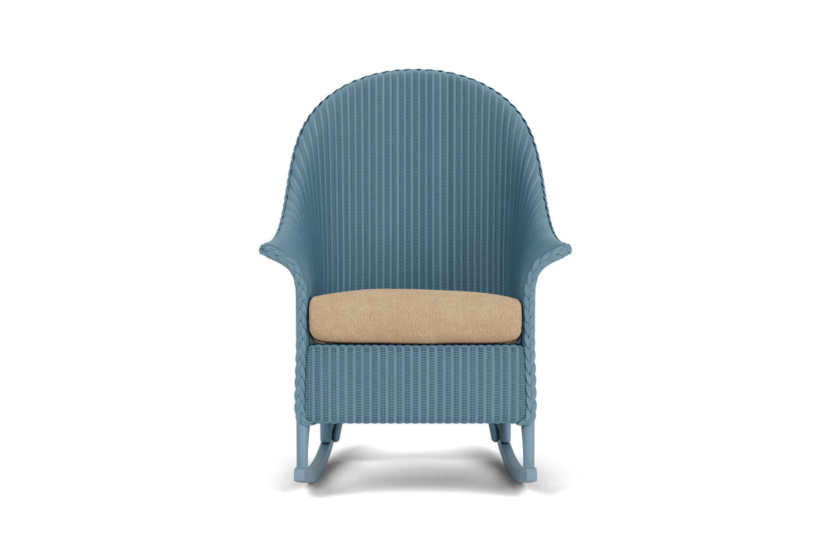 Lloyd Flanders Lloyd Loom High Back Porch Rocker – 1x1 Weave in Stillwater with Hayden Sand fabric