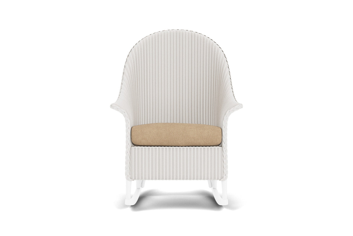 Lloyd Flanders Lloyd Loom High Back Porch Rocker – 1x1 Weave in White with Hayden Sand fabric