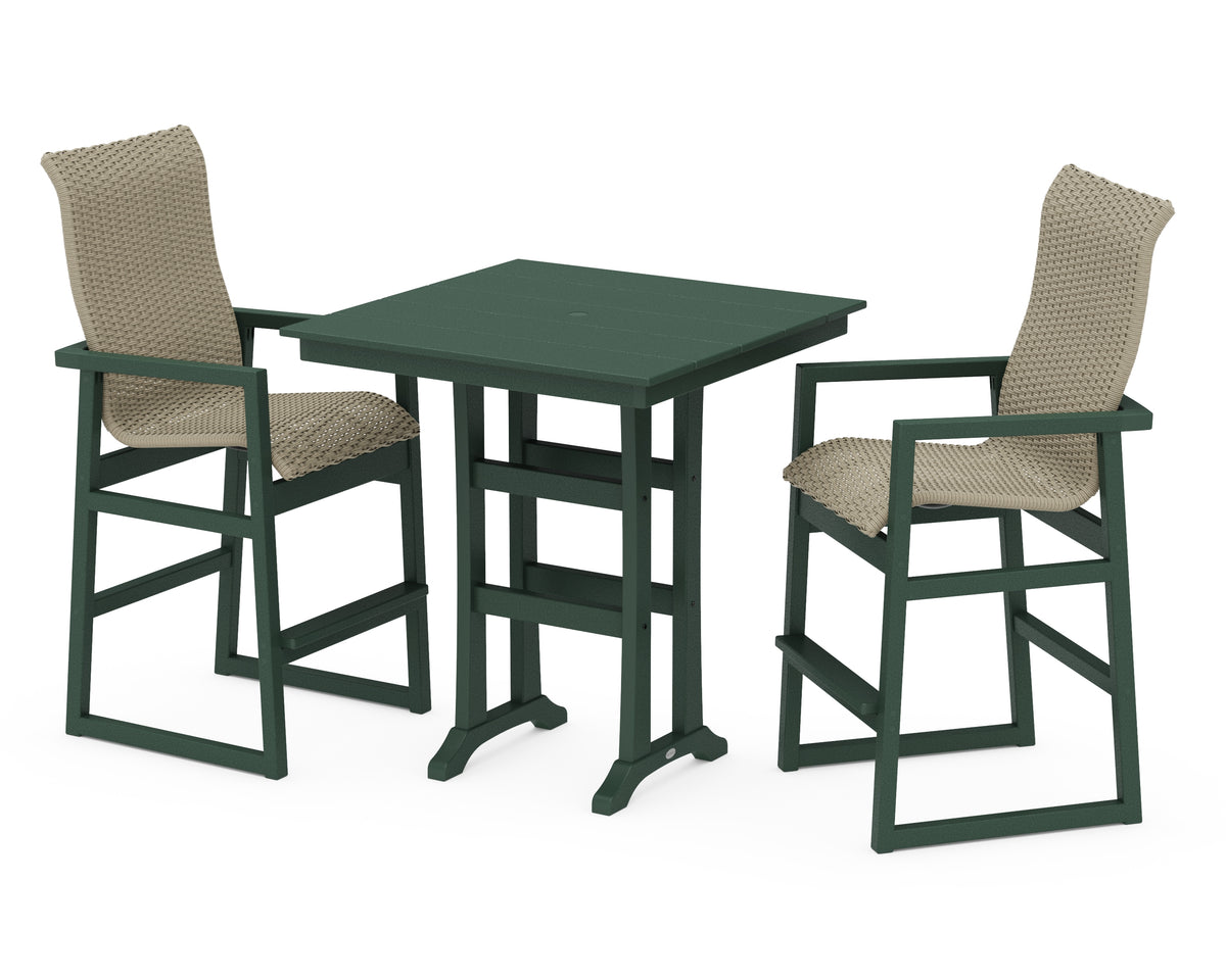 POLYWOOD EDGE Woven Highback 3-Piece Farmhouse Bar Set with Trestle Legs in Green / Dune Grass