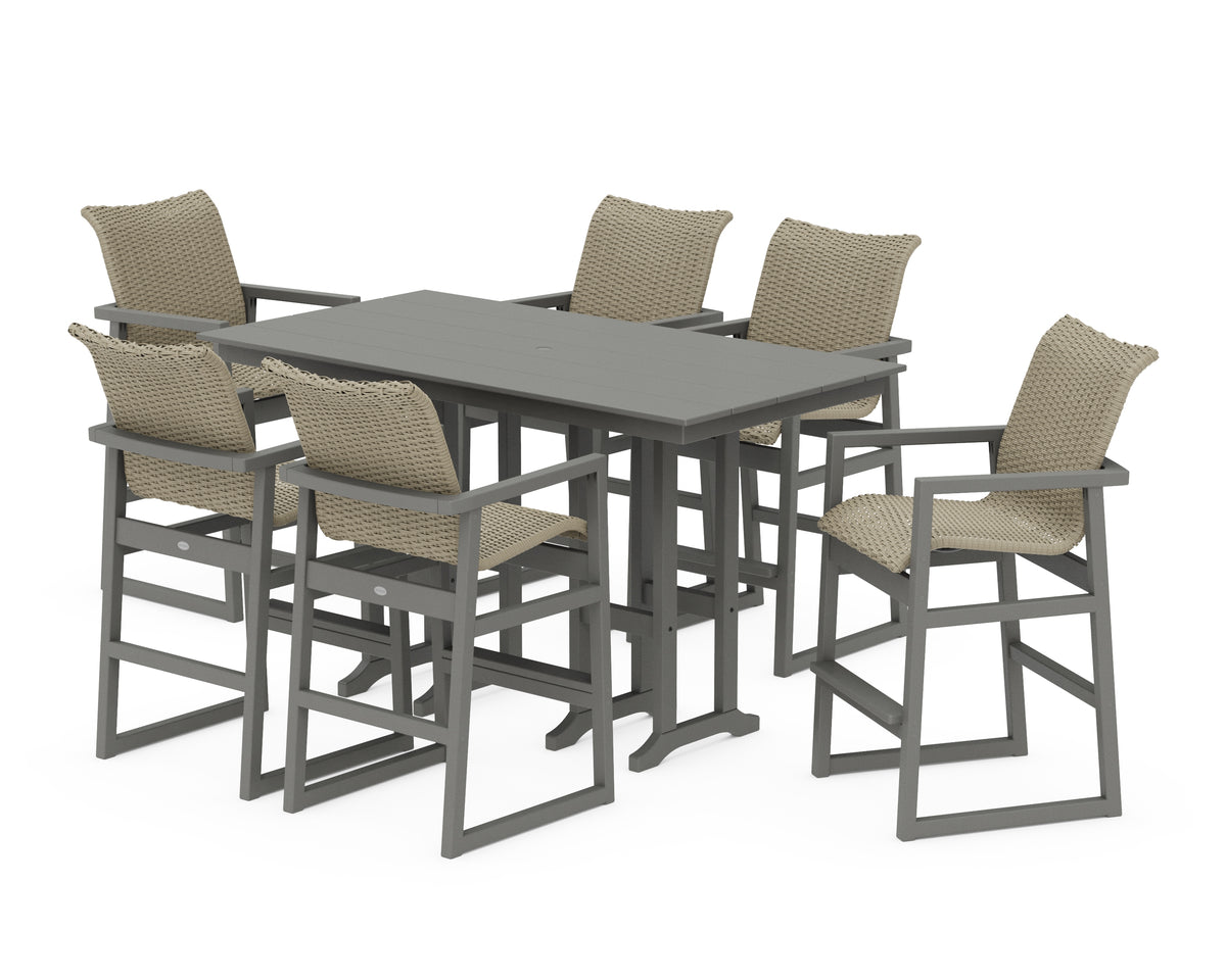 POLYWOOD EDGE Woven Arm Chair 7-Piece Farmhouse Bar Set in Slate Grey / Dune Grass