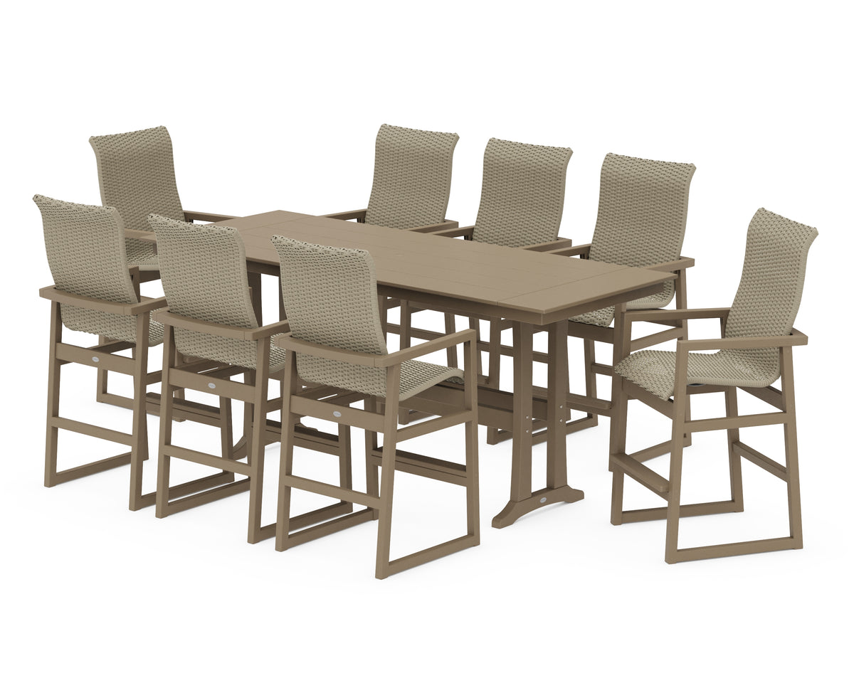 POLYWOOD EDGE Woven Highback 9-Piece Farmhouse Bar Set with Trestle Legs in Vintage Sahara / Dune Grass