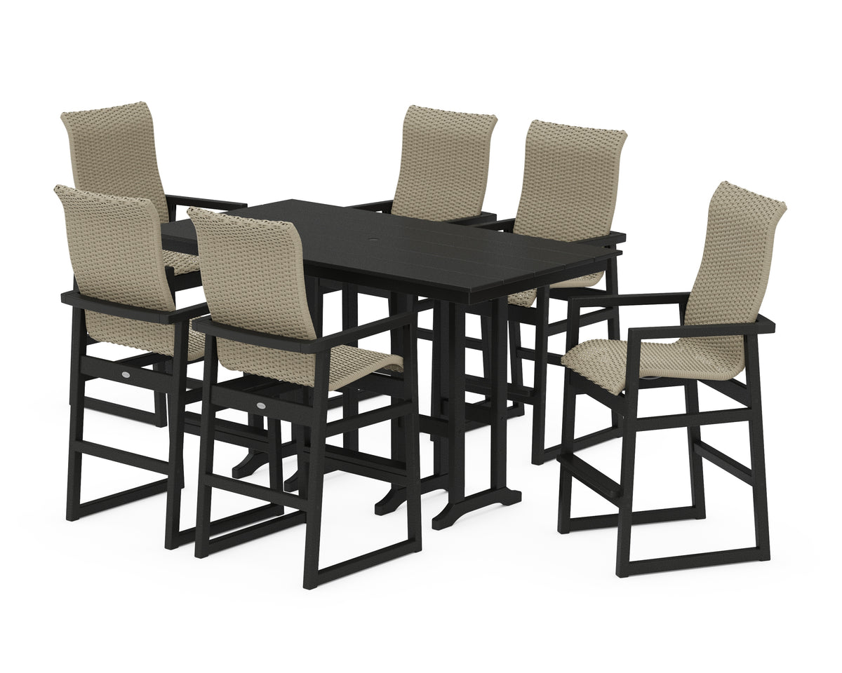 POLYWOOD EDGE Woven Highback Arm Chair 7-Piece Farmhouse Bar Set in Black / Dune Grass