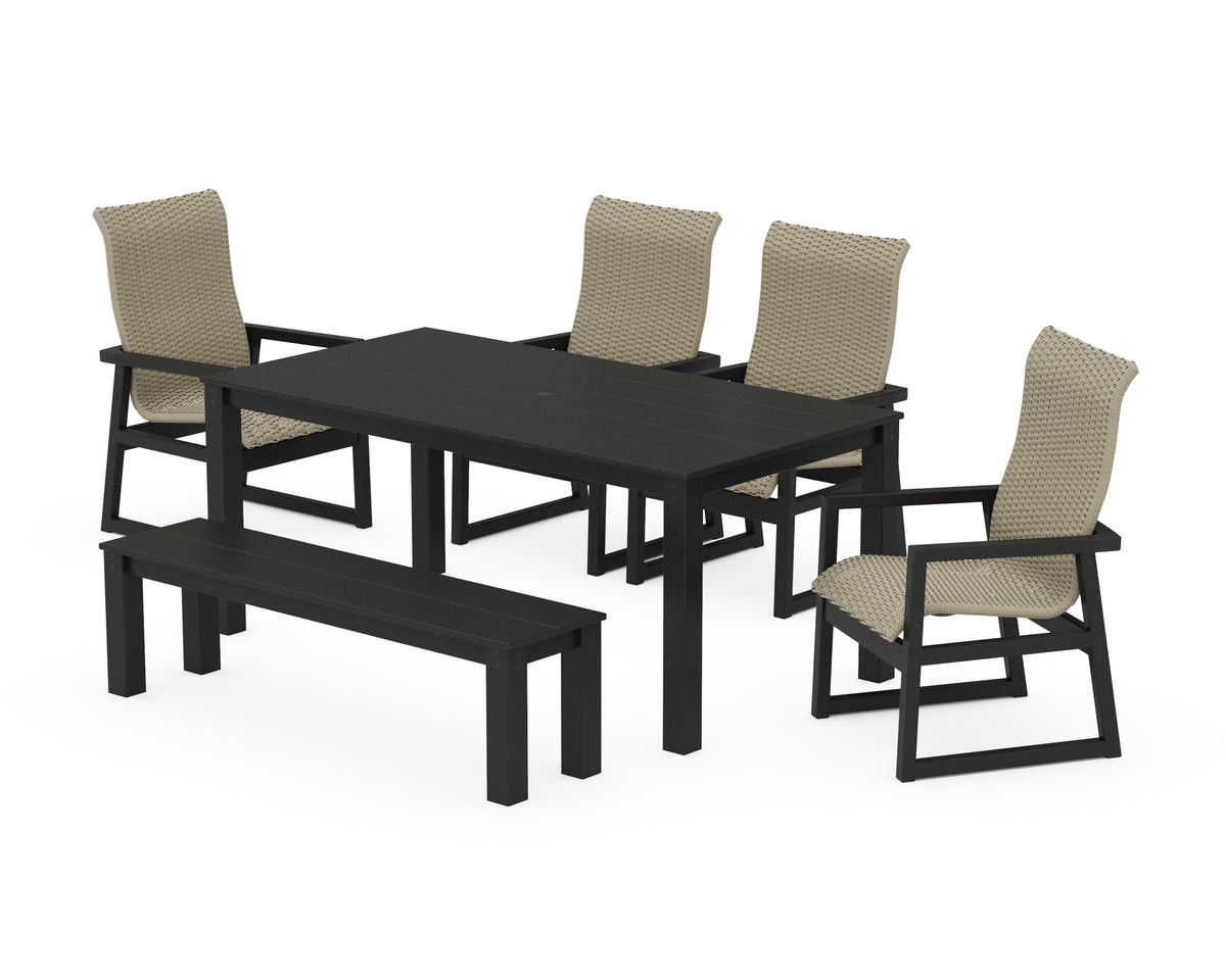 POLYWOOD EDGE Woven High-Back 6-Piece Parsons Dining Set with Bench in Black / Dune Grass