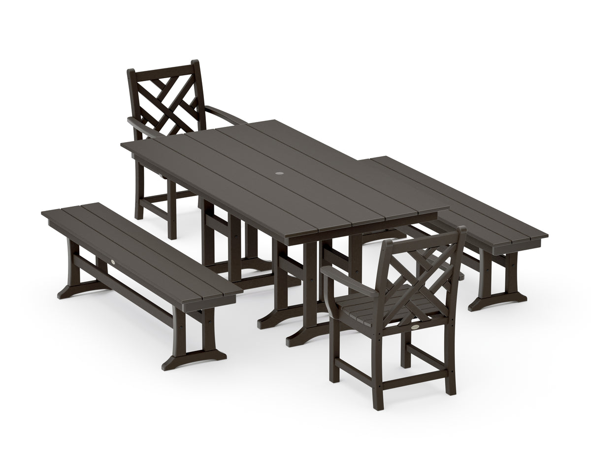 POLYWOOD Chippendale 5-Piece Farmhouse Dining Set with Benches in Vintage Coffee