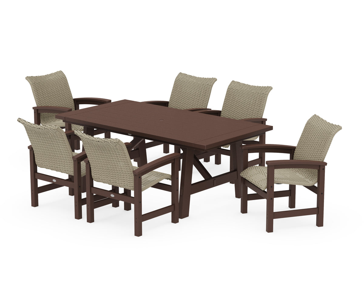 POLYWOOD Coastal Woven Arm Chair 7-Piece Rustic Farmhouse Dining Set in Mahogany / Dune Grass