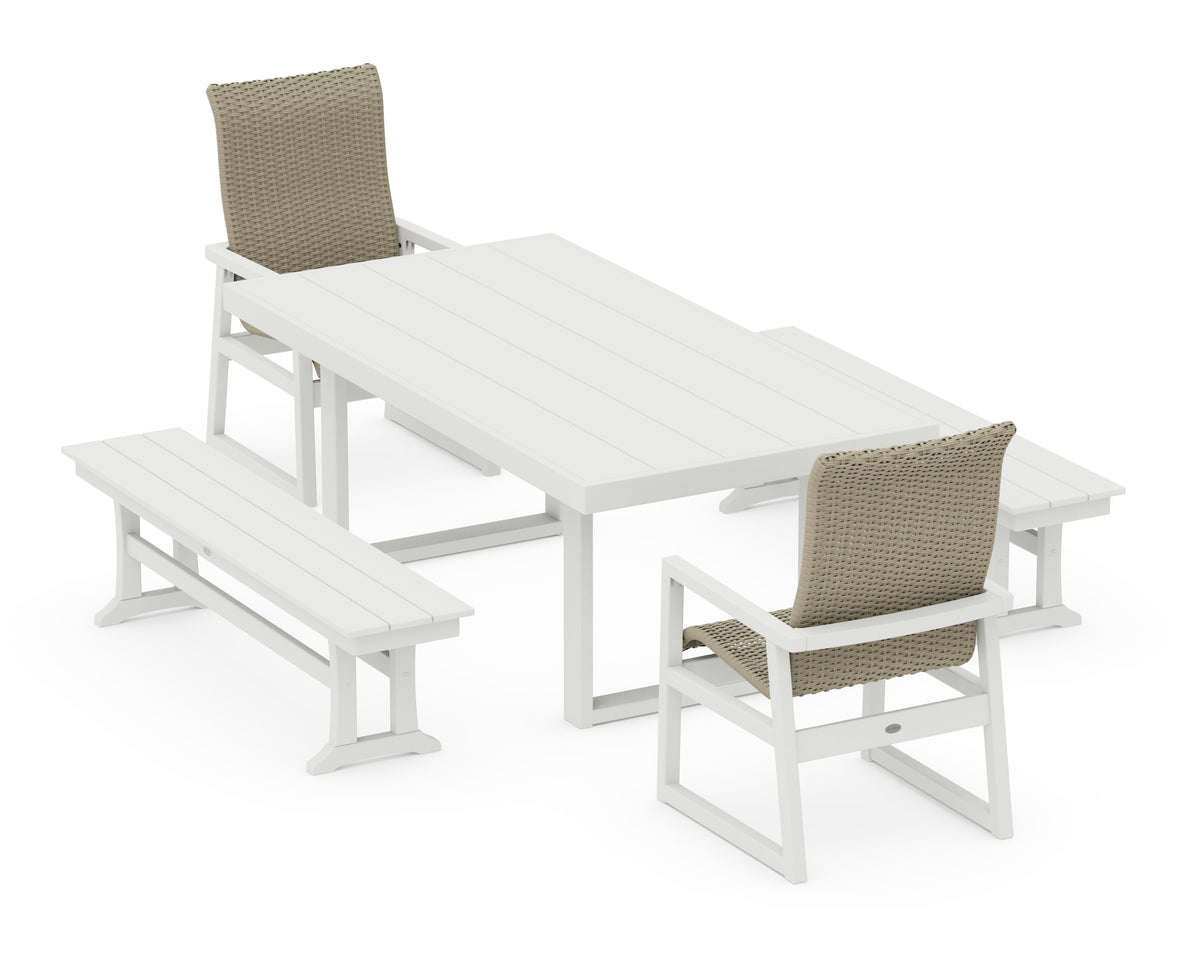 POLYWOOD EDGE Woven High-Back 5-Piece Dining Set with Benches in Vintage White / Dune Grass