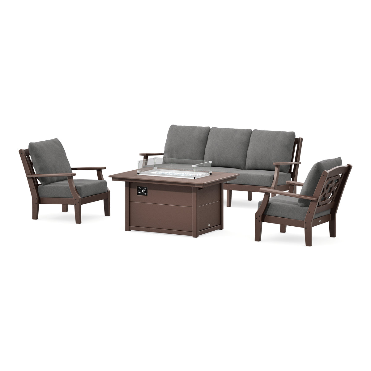 POLYWOOD Chinoiserie Deep Seating Fire Pit Table Set in Mahogany