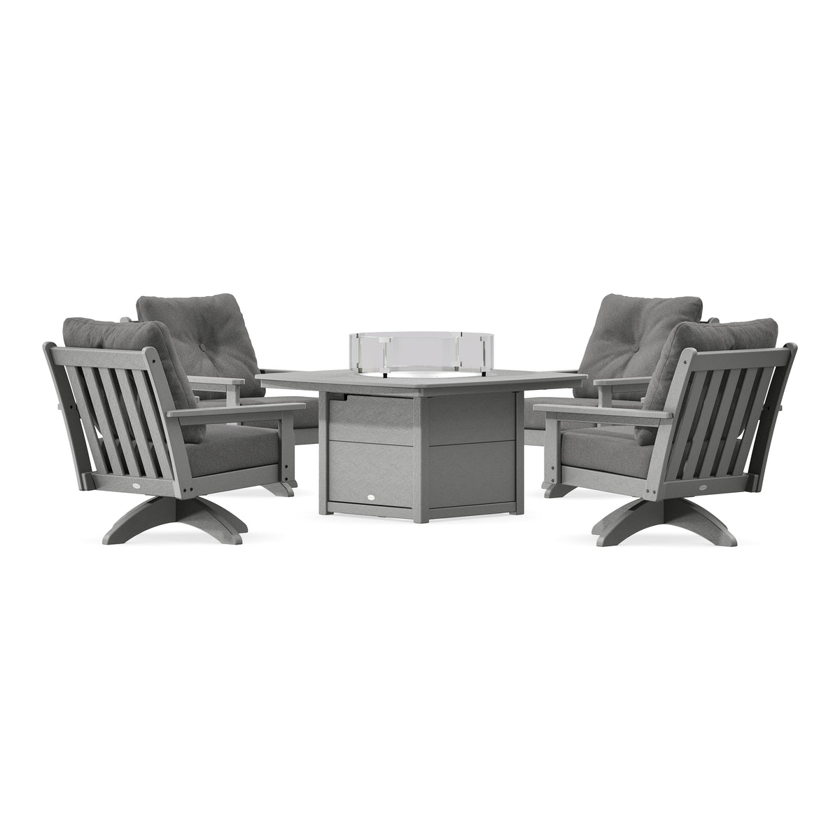 POLYWOOD Vineyard 5-Piece Deep Seating Swivel Conversation Set with Fire Pit Table in Slate Grey