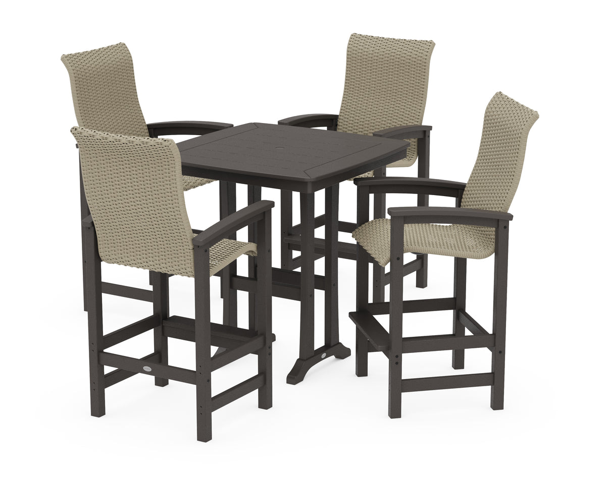 POLYWOOD Coastal Woven High-Back 5-Piece Bar Set with Trestle Legs in Vintage Coffee / Dune Grass
