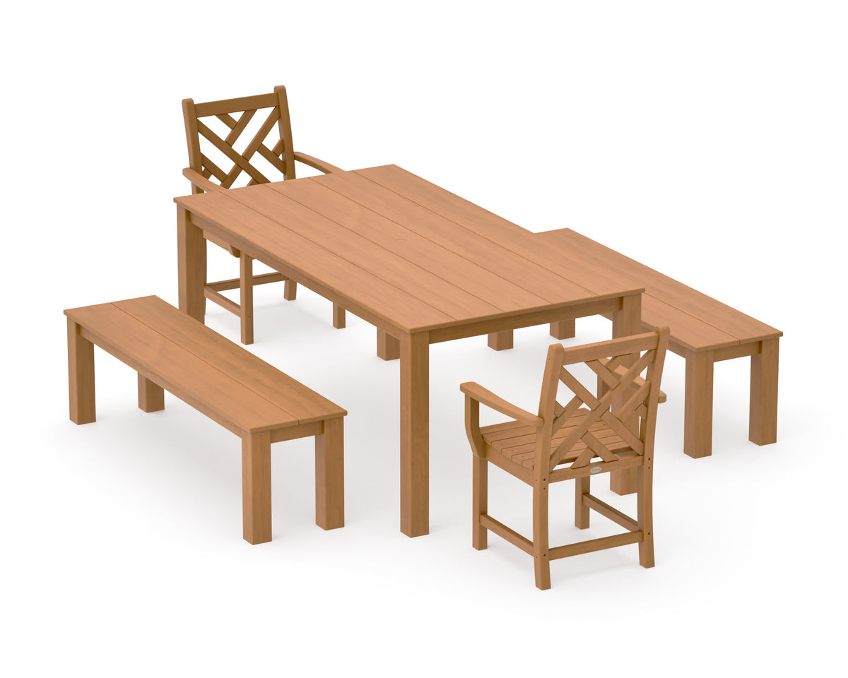 POLYWOOD Chippendale 5-Piece Parsons Dining Set with Benches in Natural