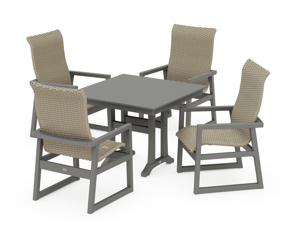 POLYWOOD EDGE Woven High-Back 5-Piece Farmhouse Dining Set with Trestle Legs in Slate Grey / Dune Grass