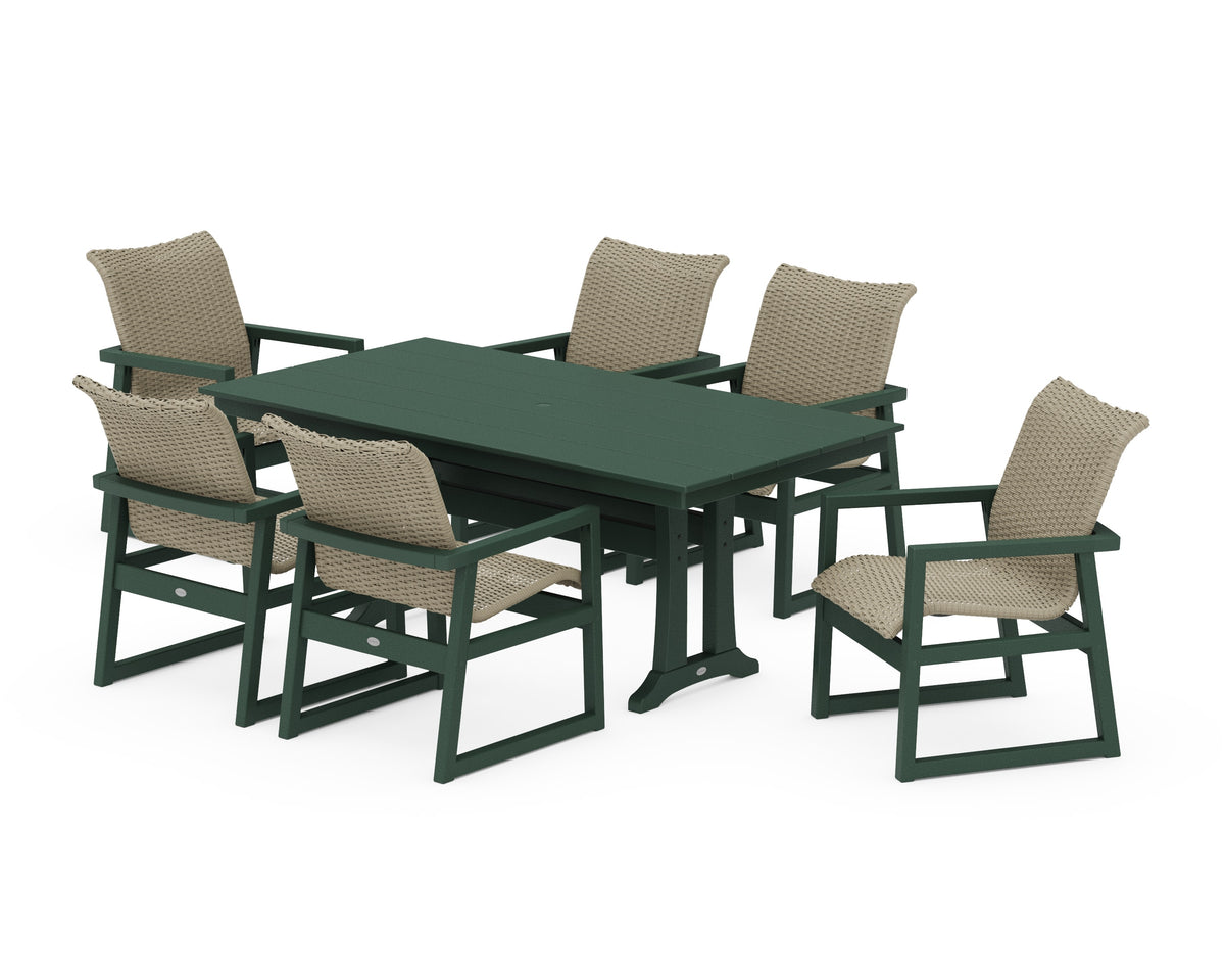 POLYWOOD EDGE Woven Arm Chair 7-Piece Farmhouse Dining Set with Trestle Legs in Green / Dune Grass