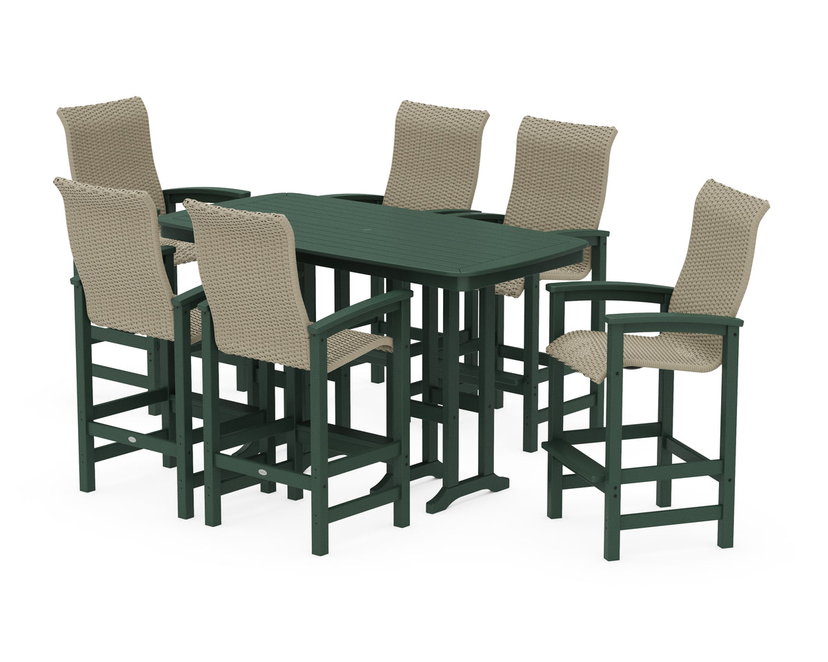 POLYWOOD Coastal Woven High-Back Arm Chair 7-Piece Bar Set in Green / Dune Grass