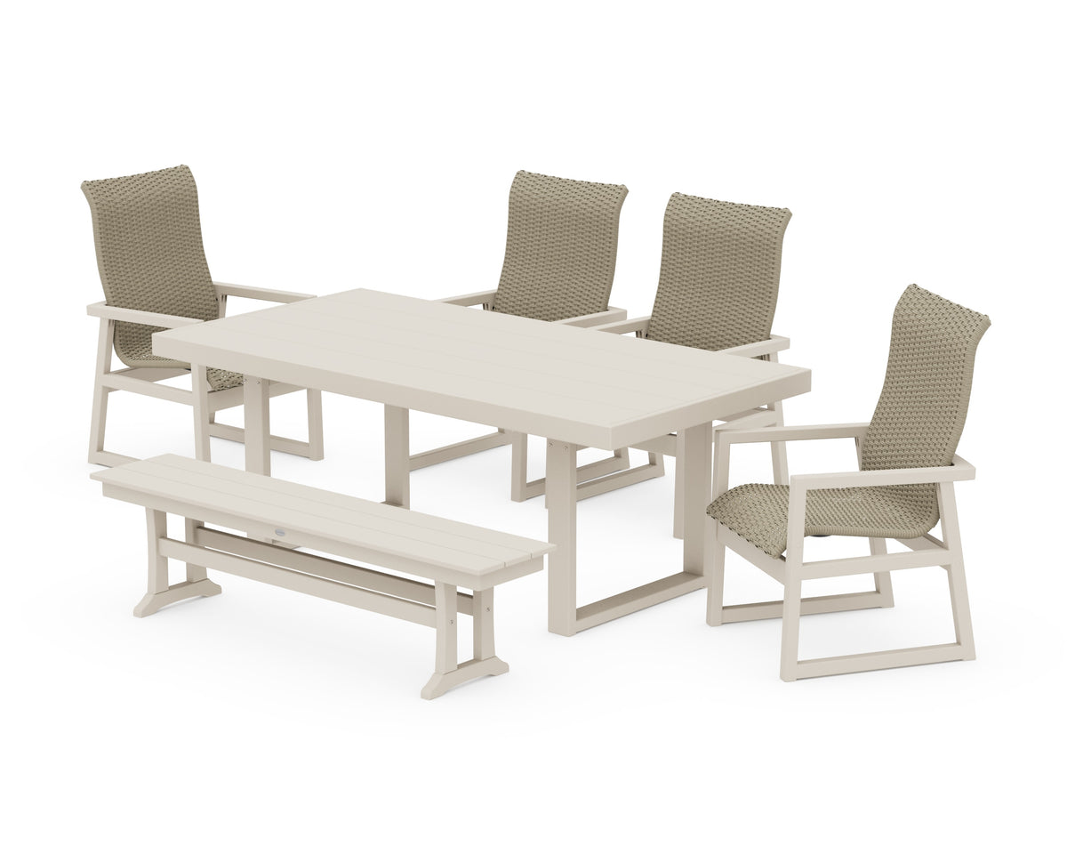 POLYWOOD EDGE Woven High-Back 6-Piece Dining Set with Bench in Sand / Dune Grass