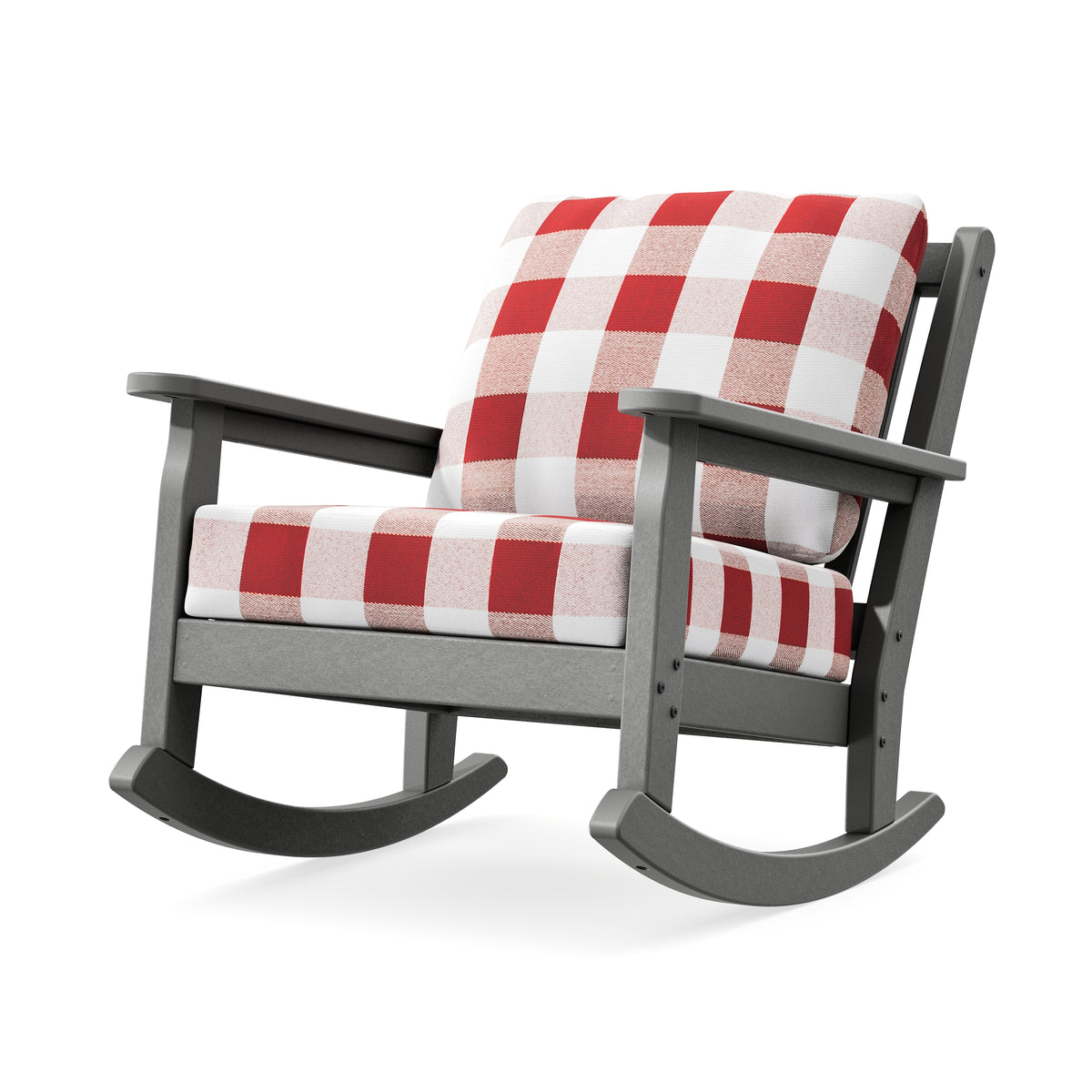 POLYWOOD Chippendale Deep Seating Rocking Chair in Slate Grey / Buffalo Plaid Crimson