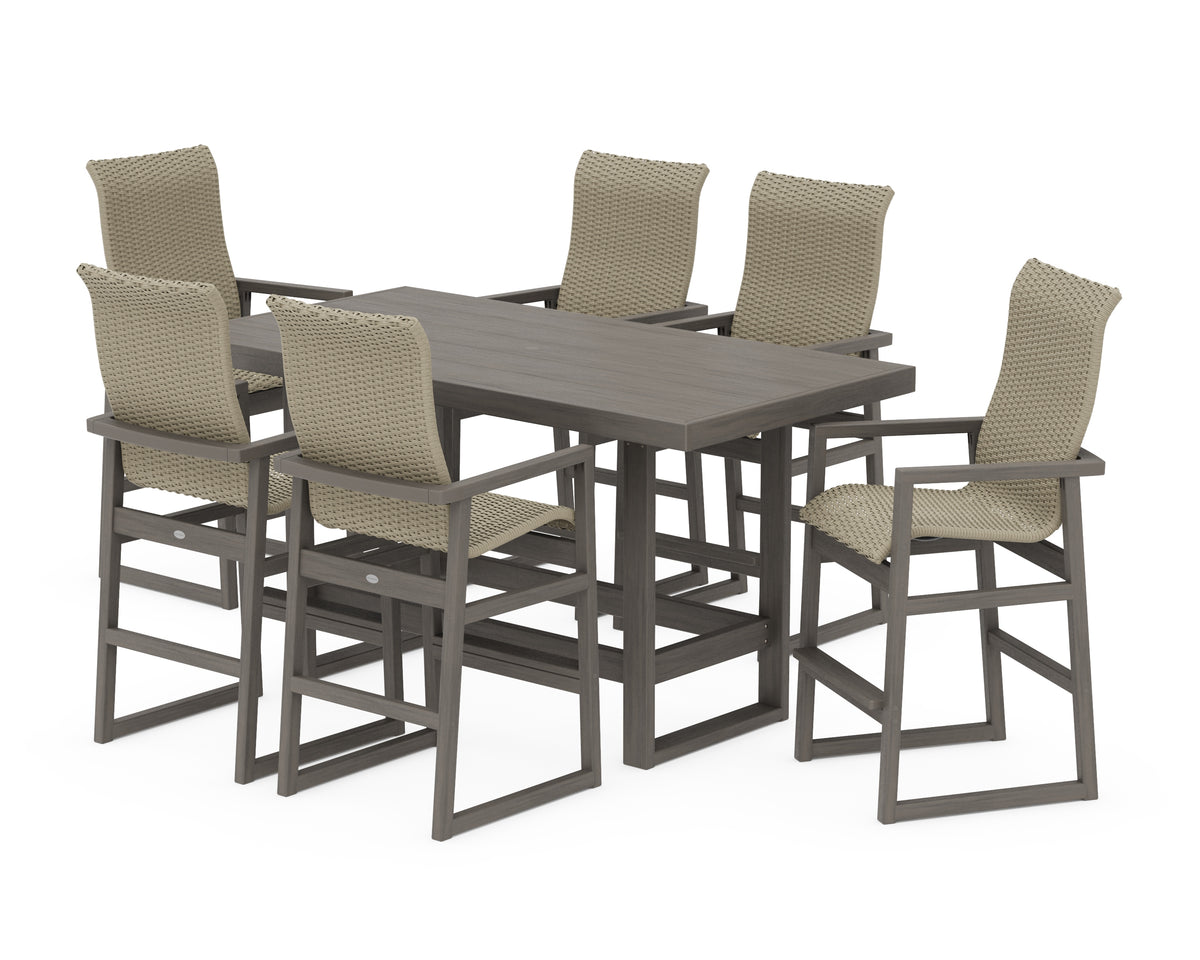 POLYWOOD EDGE Woven Highback Arm Chair 7-Piece Bar Set in Driftwood / Dune Grass