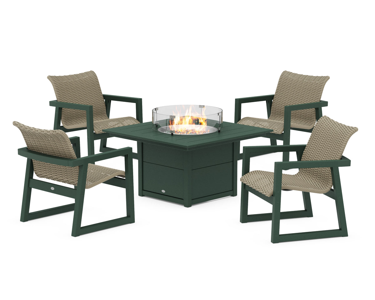 POLYWOOD EDGE Woven 5-Piece Lounge Chair Seating Set with Fire Pit Table in Green / Dune Grass
