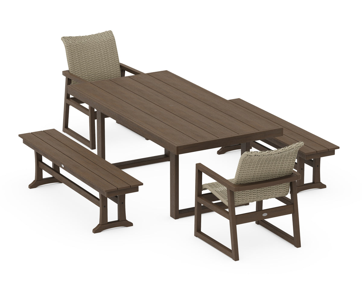 POLYWOOD EDGE Woven 5-Piece Dining Set with Benches in Kona / Dune Grass