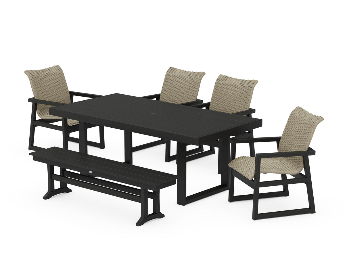 POLYWOOD EDGE Woven 6-Piece Dining Set with Bench in Black / Dune Grass