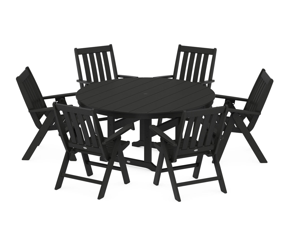 POLYWOOD Vineyard 7-Piece Folding Chair Round Farmhouse Dining Set in Black