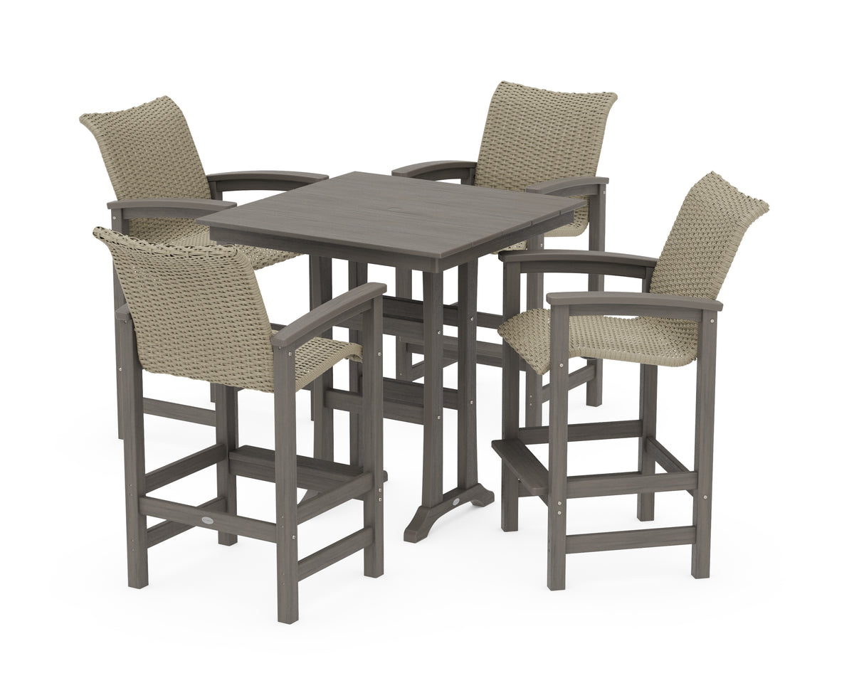 POLYWOOD Coastal Woven 5-Piece Farmhouse Bar Set with Trestle Legs in Driftwood / Dune Grass