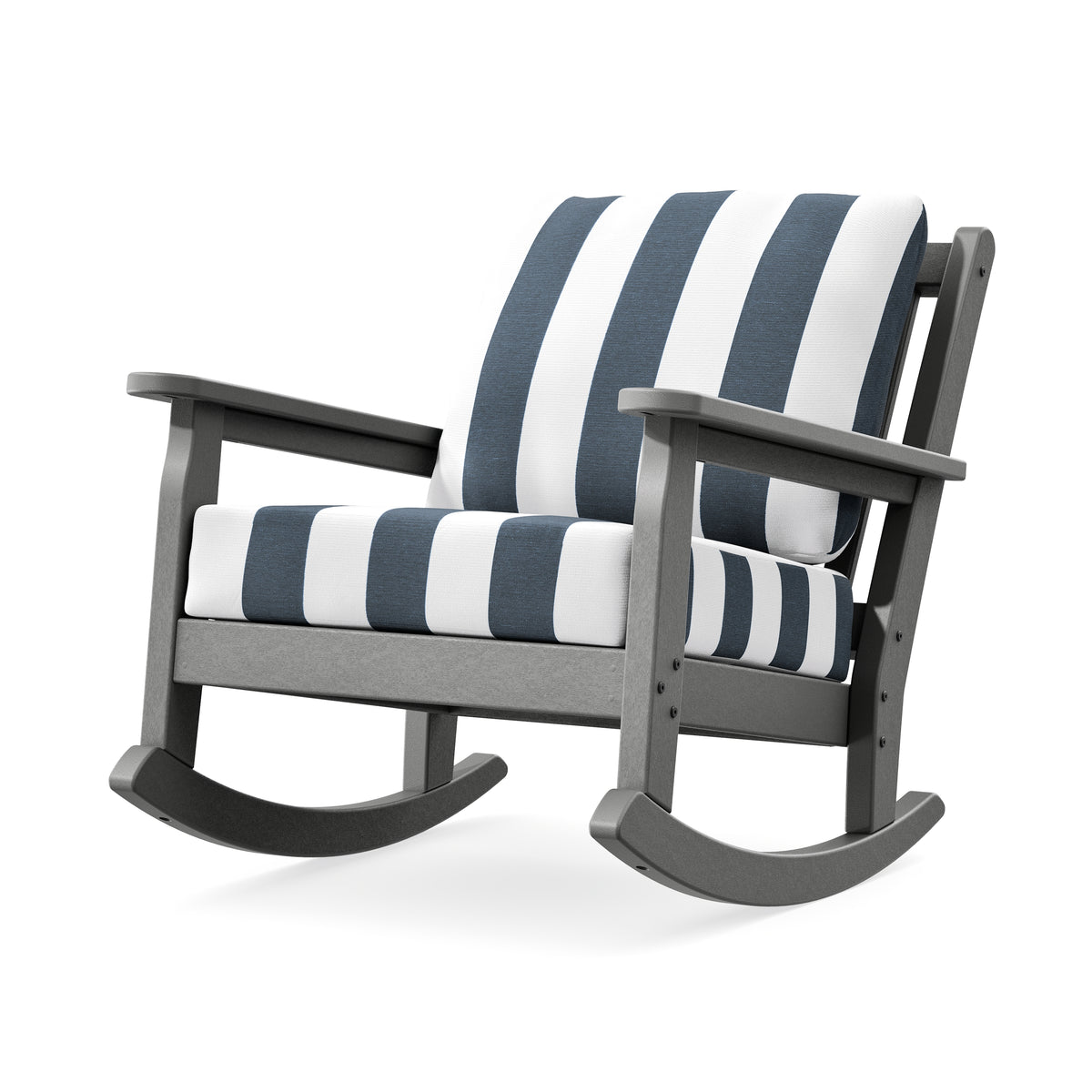 POLYWOOD Chippendale Deep Seating Rocking Chair in Slate Grey / Cabana Stripe Marine Indigo