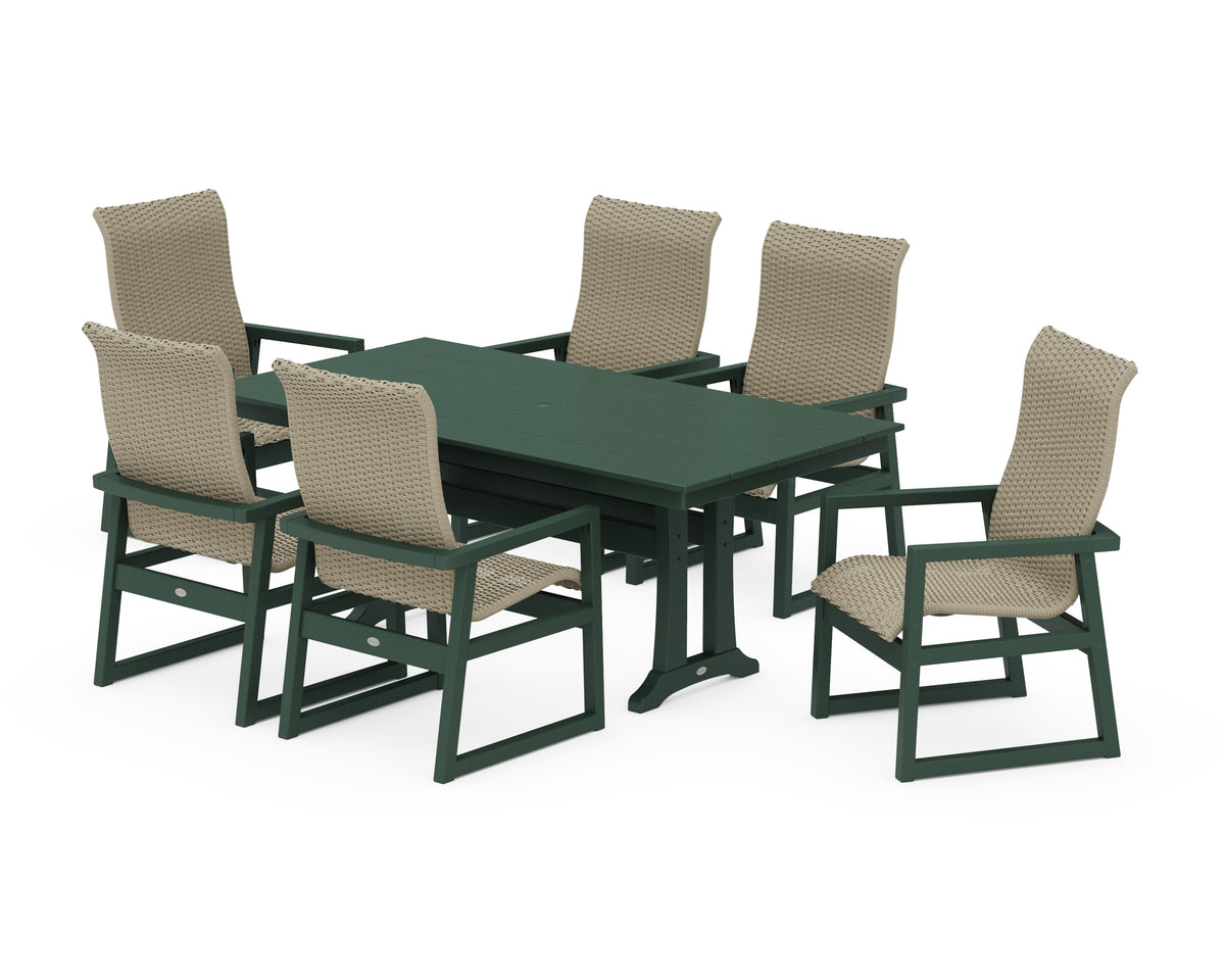 POLYWOOD EDGE Woven High-Back Arm Chair 7-Piece Farmhouse Dining Set with Trestle Legs in Green / Dune Grass