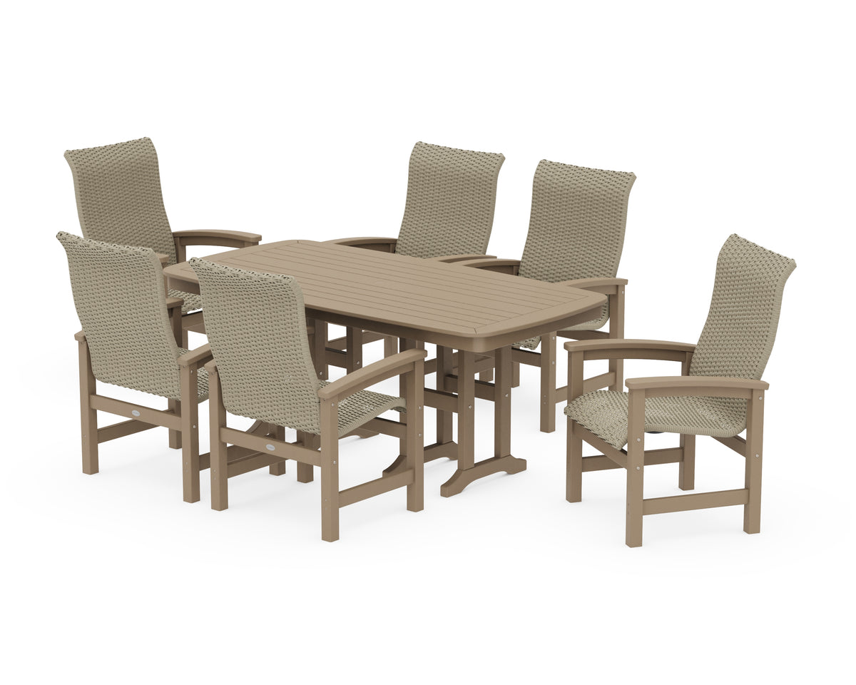 POLYWOOD Coastal Woven High-Back Arm Chair 7-Piece Dining Set in Vintage Sahara / Dune Grass