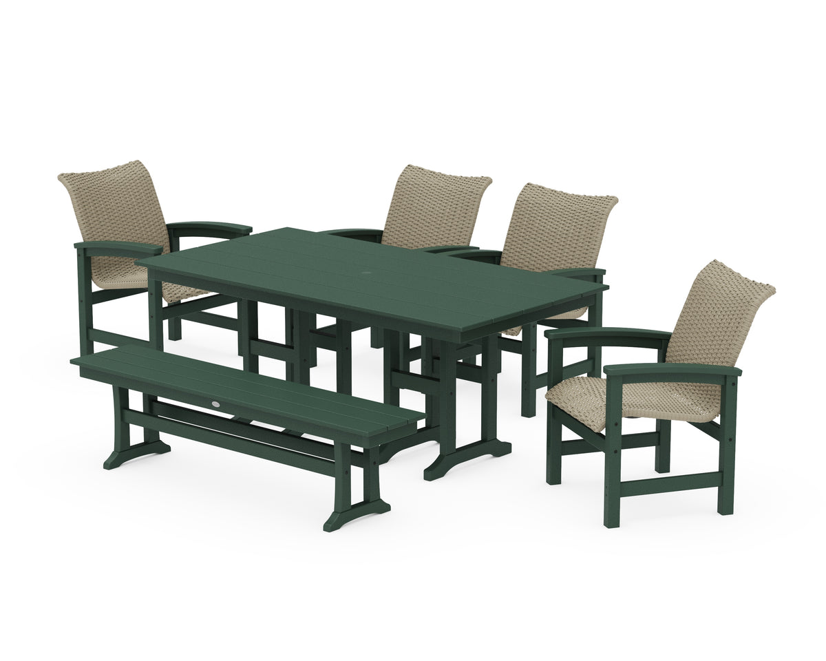 POLYWOOD Coastal Woven 6-Piece Farmhouse Dining Set with Bench with Farmhouse 37" x 72" Dining Table in Green / Dune Grass