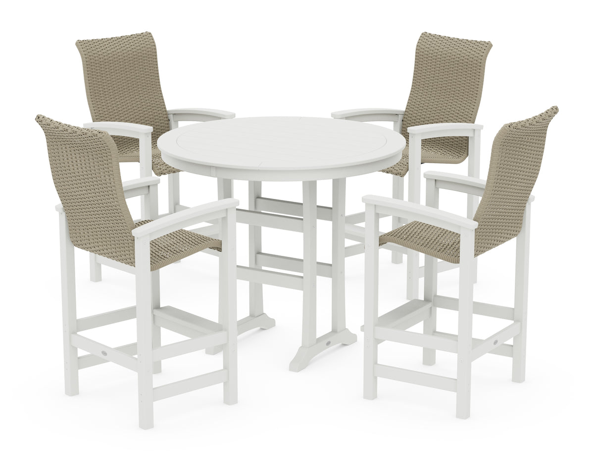 POLYWOOD Coastal Woven High-Back 5-Piece Round Bar Set in Vintage White / Dune Grass