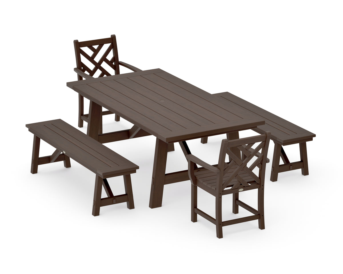 POLYWOOD Chippendale 5-Piece Rustic Farmhouse Dining Set with Benches in Kona