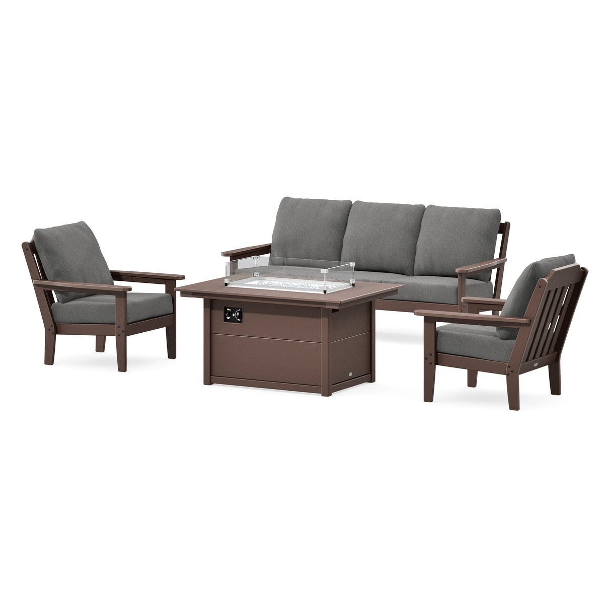 POLYWOOD Country Living Cottage Deep Seating Fire Pit Table Set in Mahogany