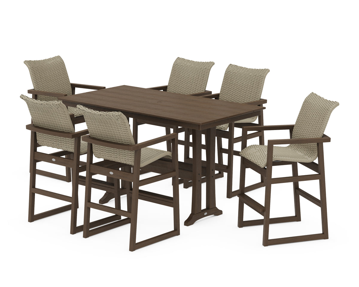 POLYWOOD EDGE Woven Arm Chair 7-Piece Farmhouse Bar Set with Trestle Legs in Kona / Dune Grass