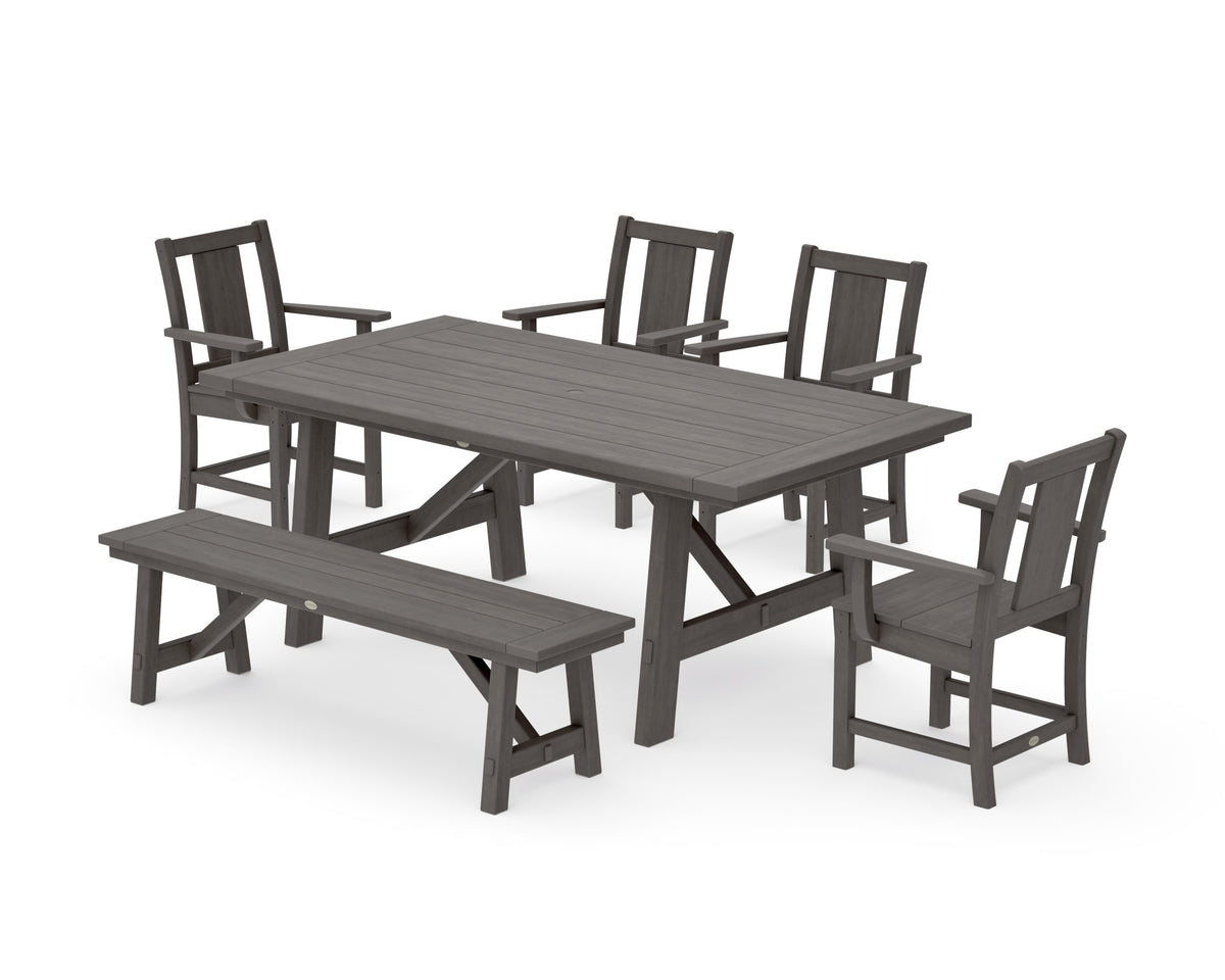 POLYWOOD Prairie 6-Piece Rustic Farmhouse Dining Set with Bench in Driftwood