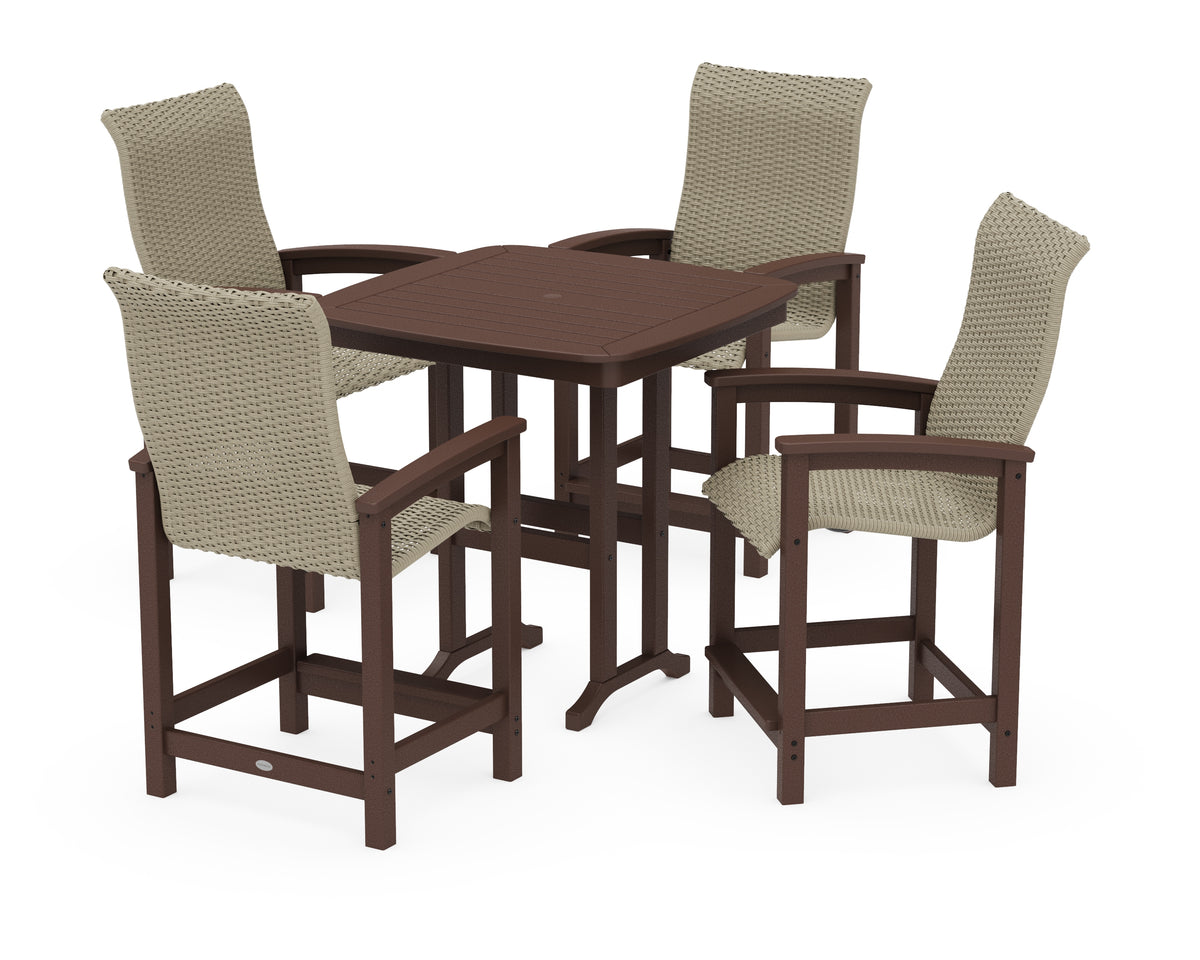 POLYWOOD Coastal Woven High-Back 5-Piece Counter Set in Mahogany / Dune Grass