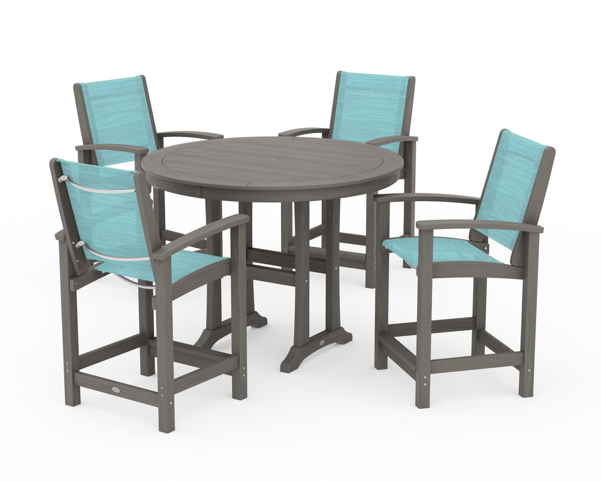 POLYWOOD Coastal 5-Piece Counter Set in Driftwood / Dupioni Aquamarine