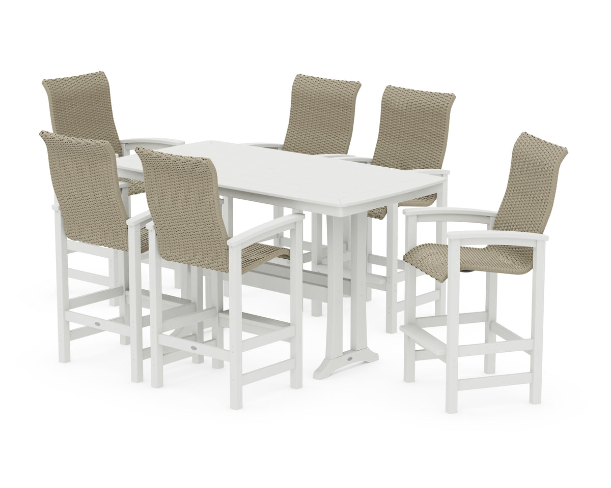 POLYWOOD Coastal Woven High-Back Arm Chair 7-Piece Bar Set with Trestle Legs in Vintage White / Dune Grass