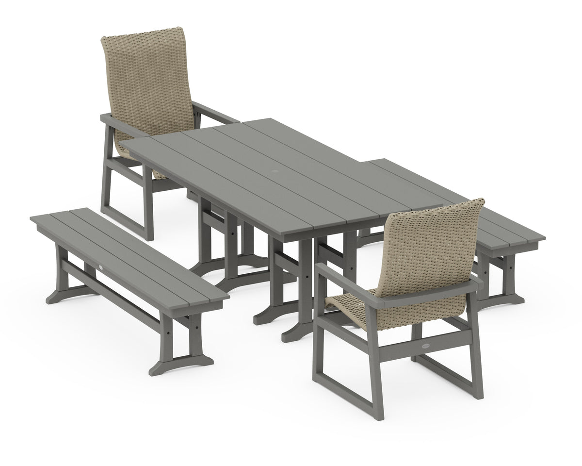 POLYWOOD EDGE Woven High-Back 5-Piece Farmhouse Dining Set with Benches in Slate Grey / Dune Grass