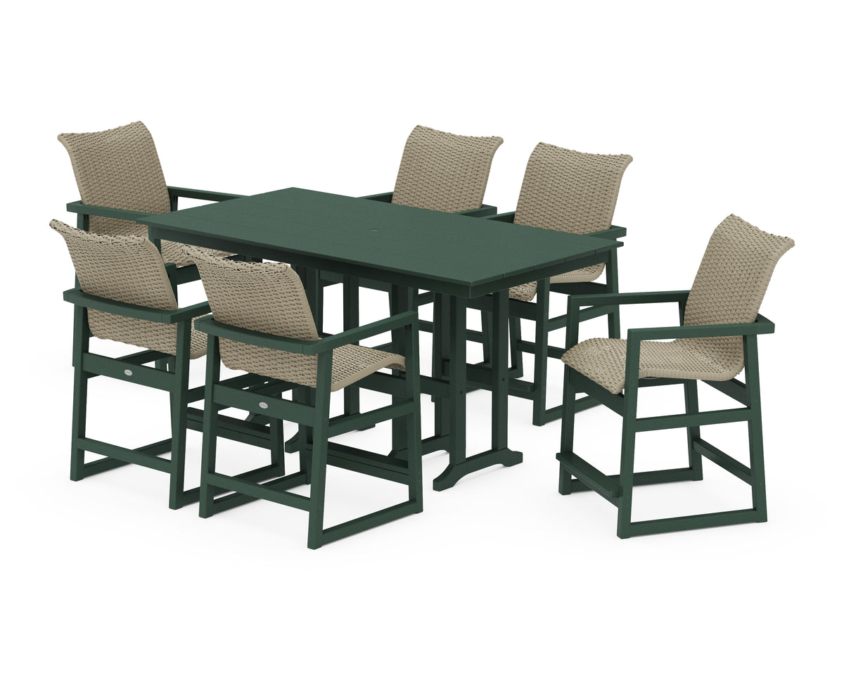 POLYWOOD EDGE Woven Arm Chair 7-Piece Farmhouse Counter Set in Green / Dune Grass