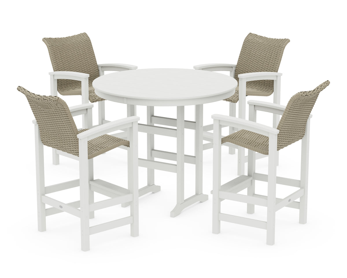 POLYWOOD Coastal Woven 5-Piece Round Farmhouse Bar Set in Vintage White / Dune Grass